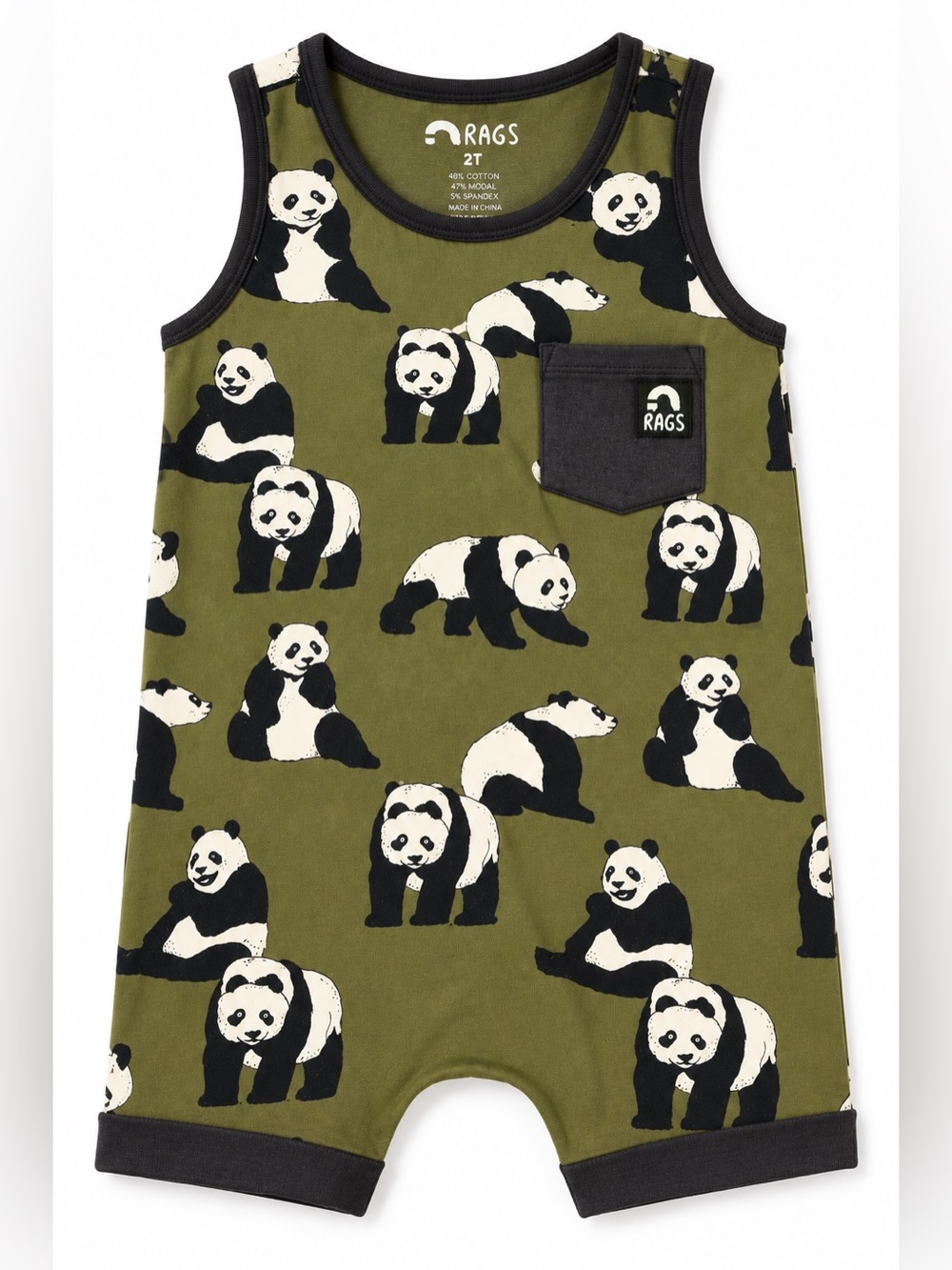 RAGS Panda Print Tank Romper Olive Green Toddler 2T Unisex